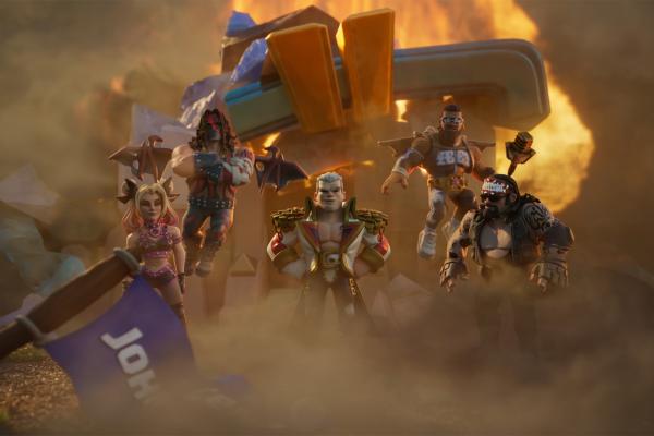 Animated 3D image featuring WWE Superstars styled as Clash of Clans characters, including Cody Rhodes in the center, flanked by Rhea Ripley, Kane, Jey Uso wearing a "YEET" vest, and The Undertaker amidst smoke and fire from a destroyed base. A purple John Cena flag lies in the foreground.