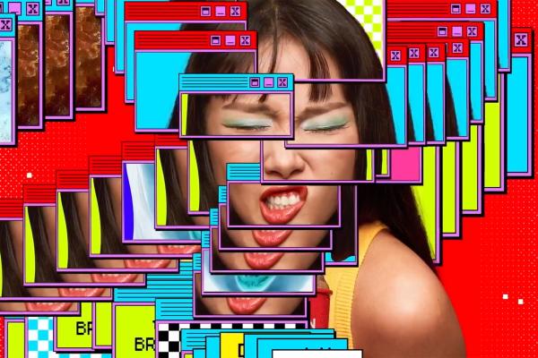 Image of a woman justaposed with colorful cartoon-like browser windows, layered ontop of one another