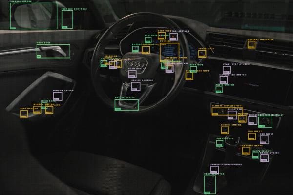 A dark, interior shot of a car's dashboard and steering wheel, overlaid with numerous green and yellow bounding boxes and text labels. The labels identify various car features and controls, such as "VIRTUAL MIRROR," "MIRRORS CONTROLS," "DOOR LOCK," "CHILD LOCK," "CRUISE CONTROL," "DRIVE ASSIST," "CENTRAL INDICATOR," "CLIMATE DISTRIBUTION," and "PARKING BRAKE." The steering wheel has an Audi logo.