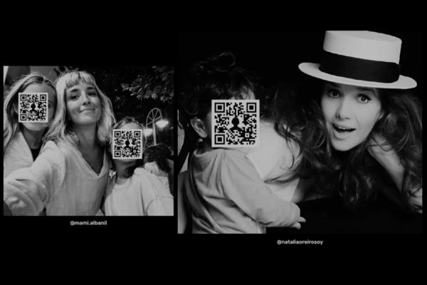 Two black and white photos side by side. On the left, a mother is flanked by two children, but where the two faces should be are a QR code. On the right a mother poses with her child, with the same QR code where the child's face should be