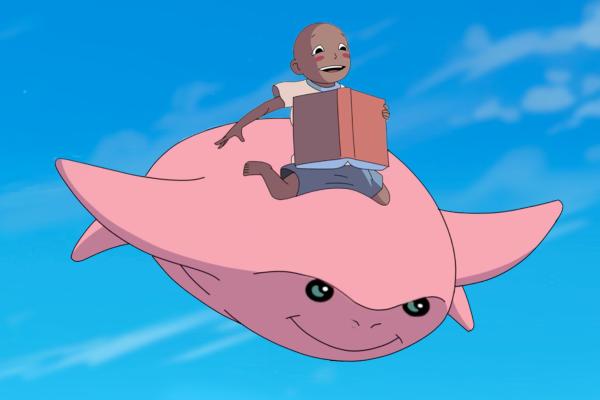 hand drawn illustration of a child reading a book while riding on the back of a pink sea creature