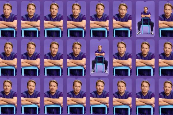 Collage of images of Dutch rapper Snelle wearing purple against a purple background