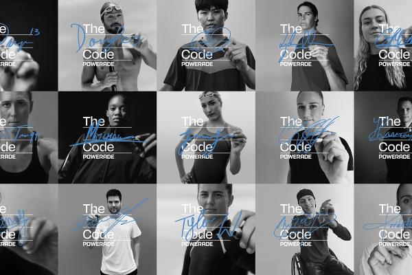 Collage of black and white photos of athletes signing their signature in blue in between the word "The" and "Code" 