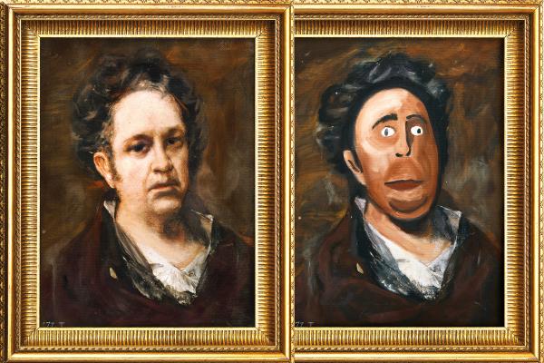 Two framed oil paintings are displayed side-by-side. Both paintings depict a bust of a person with dark, curly hair and a dark coat over a white shirt. The painting on the left shows a more realistic, somewhat somber portrait. The painting on the right is a humorous, exaggerated version of the left, with the person's face painted brown, large white cartoonish eyes, and an open mouth. Both paintings are in ornate gold frames.