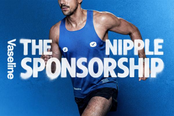 Athletic man in a blue running top on a blue background with the Vaseline logo and the headline “THE NIPPLE SPONSORSHIP.”