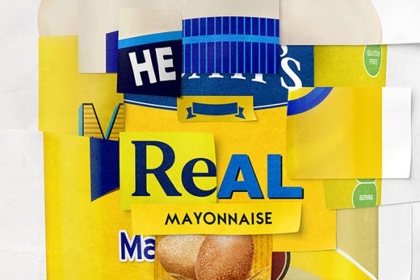 Hellmann's mayo jar label made up of a collage of other blue and yellow mayo jar labels