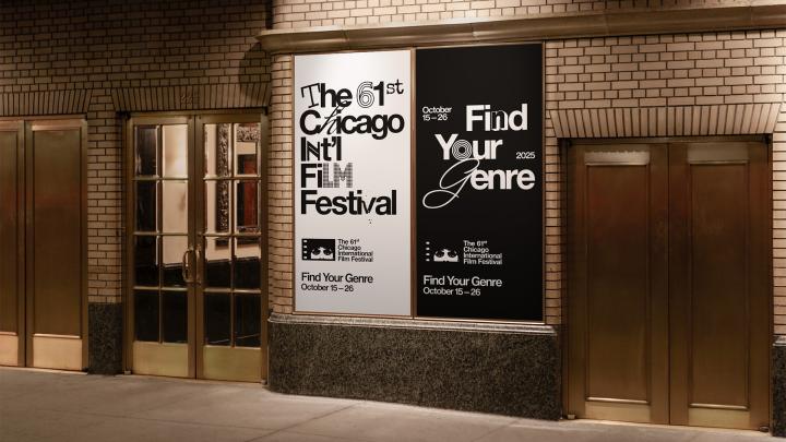 Find your Genre — Chicago International Film Festival Two large posters on a brick building facade. The left poster is white with black text, reading "The 61st Chicago Int'l Film Festival" and "Find Your Genre 2025". The right poster is black with white text, displaying the same information. Both posters include "October 15-26" and a small logo. Golden double doors are visible on either side of the posters.