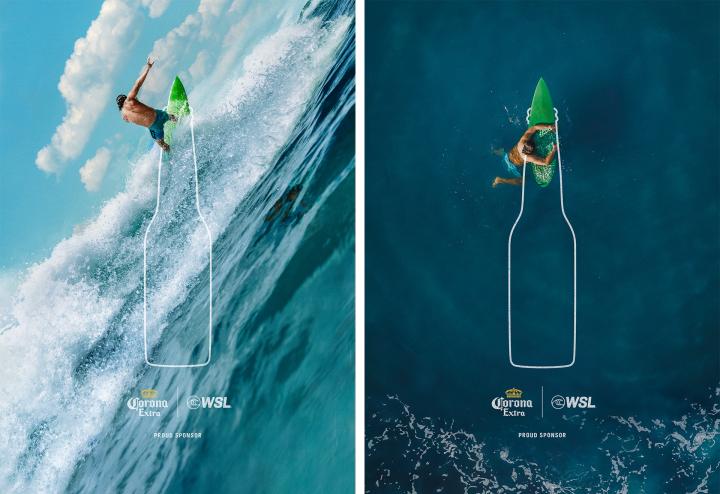 Two vertical images side-by-side. The left image shows a surfer on a green surfboard riding a large blue wave, framed by a white beer bottle outline. The right image shows a surfer floating on a green surfboard in dark blue water, seen from above, also framed by a white beer bottle outline. Both images feature the Corona Extra and WSL logos with "PROUD SPONSOR" text below.
