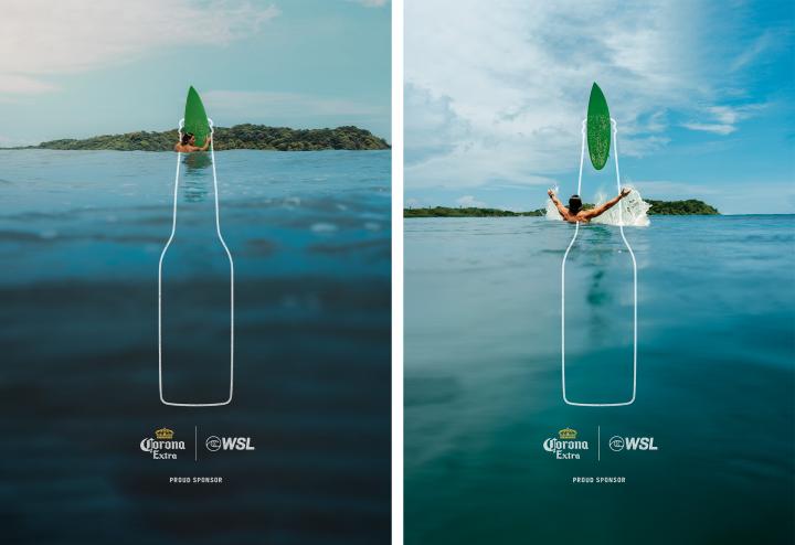 Two vertical images side-by-side. The left image shows a surfer in the ocean holding a green surfboard, framed by a white beer bottle outline, with a green island in the background under a hazy sky. The right image shows the same surfer, seen from behind, splashing water as they hold the surfboard, also framed by a white beer bottle outline, with a green island and blue sky in the background. Both images feature the Corona Extra and WSL logos with "PROUD SPONSOR" text below.