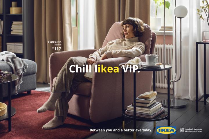 LIKEA — IKEA Woman sitting on a comfy chair with text overlay "Chill likea VIP" with "likea" in yellow