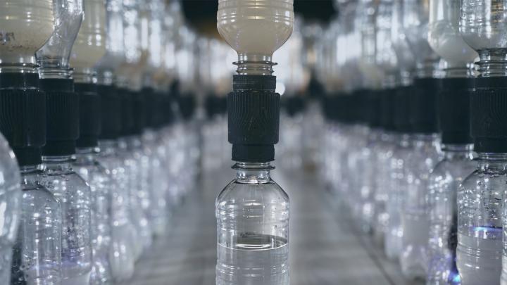 Rows of water bottles with Filter Caps affixed to the top
