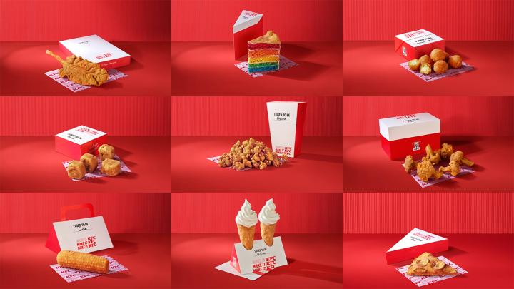 Make It KFC — KFC a 9-tiled image of different foods fried with KFC breading, all against a red background.