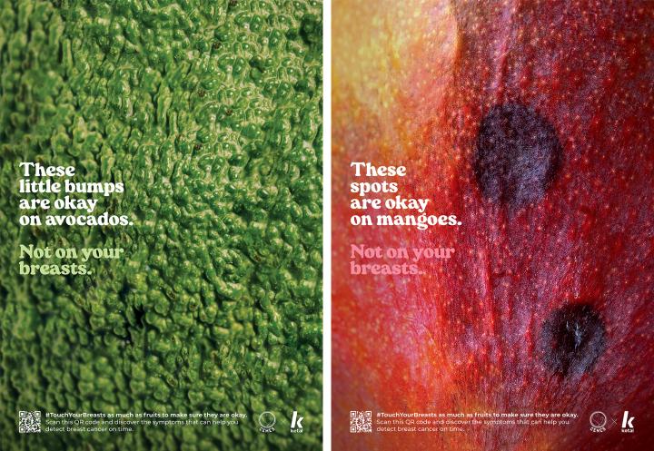 #TouchYourBreasts — Ketal Hipermercados Side by side visual ads. On left, close up of an avocade with copy "These little bumps are okay on avocados. Not on your breasts." On right, close up of a mango skin with copy "These spots are okay on mangos. Not on your breasts"