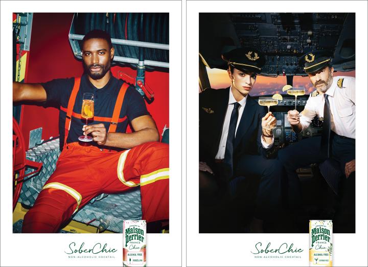 Sober Chic — Maison Perrier Two ads side by side. On the left a male firefighter sits on the front bumper of a firetruck holding a cocktail ina. fancy glass. On the right two airline pilots in a cockpil holding cocktails in fancy glasses. Both have the Masion Perrier logo in the bottom left.