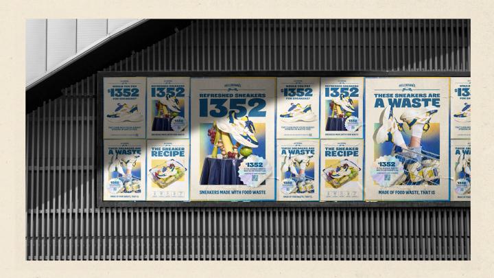 A series of outdoor advertisements. They features "1352" in big blue text, and feature images of the sneaker next to, on top of, or amidst various produce