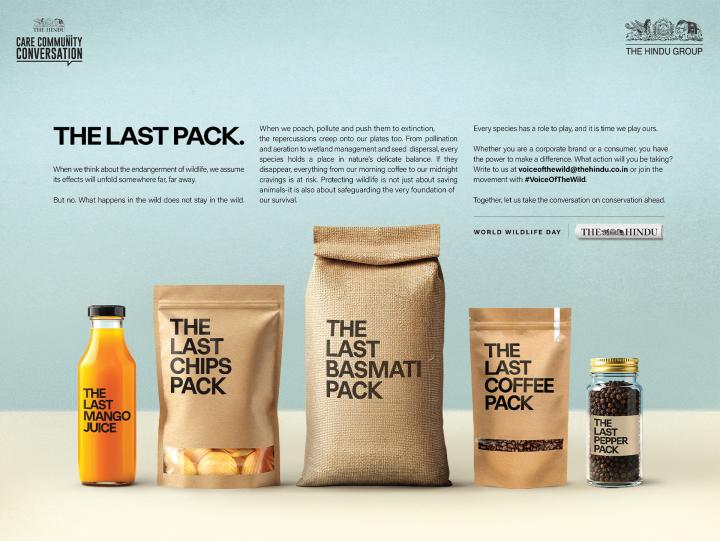 The Last Packs — The hindu Visual ad for campaign. Black copy: The Last Pack. At the botom, sitting in a row side by side, are a bottle that says "The Last Mango Juice", a sack that says "The Last Chips Pack", a sack that says "The Last Basmati Rice Pack", a sack that says "The Last Coffee Pack", and a small glass jar that says "The Last Peppss jer Pack"