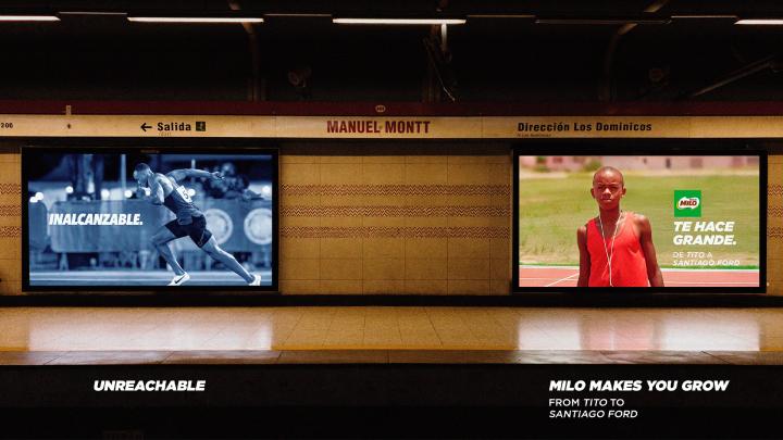 Raising Billboards — Milo Image of two billboards in a transit station. On one billboard is a Nike ad featuring a well-known athlete. On the other billboard is a MILO ad featuring that same athlete but as a child.