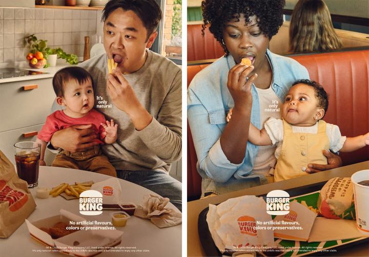 It's Only Natural — Burger King Two Burger King advertisements. The left panel shows an Asian man holding a baby, both looking at a french fry. The right panel shows a Black woman holding a baby, both looking at a chicken nugget. Both scenes feature Burger King food on a table, with text "It's only natural" and "No artificial flavours, colors or preservatives."
