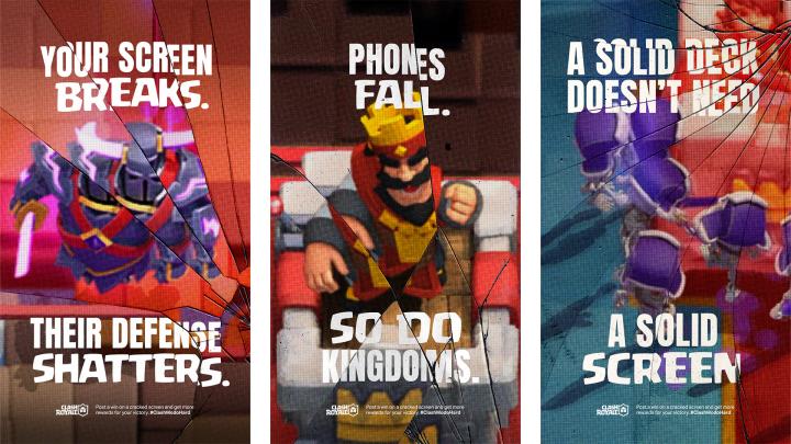  close-up shot of a hand holding a smartphone with a severely cracked and glitched screen. The screen displays a mobile game, likely "Clash Royale," showing colorful, pixelated game elements like towers and characters distorted by the cracks and digital interference.