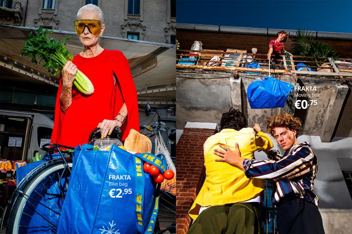 A two-panel campaign spread: the left panel features an elderly woman using the IKEA FRAKTA bag as a bicycle basket filled with groceries ('FRAKTA Bike bag €2,95'), while the right panel shows people lowering a blue FRAKTA bag filled with household items from a balcony ('FRAKTA Moving box €0,75').