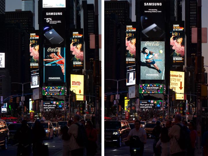 Two views of Times Square at twilight featuring illuminated Powerade billboards: the left ad shows a high jumper clearing the bar, and the right ad displays a tennis player diving for a shot under the headline 'NEVER JUST SPORTS'.