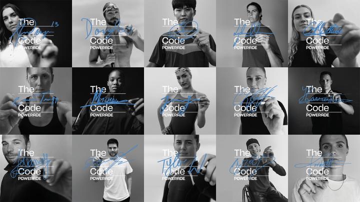 The Athletes Code — Powerade Black and white collage of athletes with "The", then the atheltes signature, and "Code"