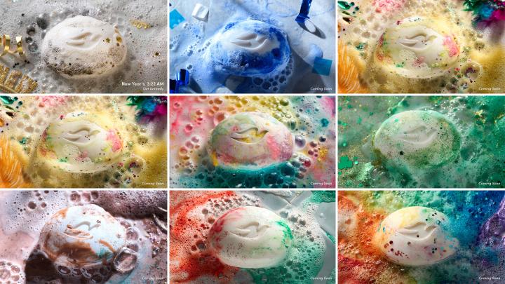 Unready for Anything — Dove Collage of Dove soap bars with suds and various colors / decorations on them, remnants of being used after a night out