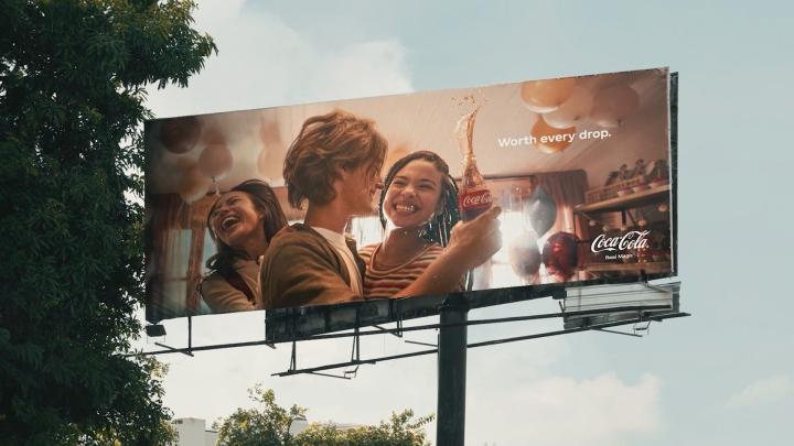 Spills — Coca-Cola Image of a tall outdoor billboard. On the billboard three friends happily embrace. The person in the middle is holding a glass bottle of Coca-Cola, which is spilling out and upwards. The billboard has the copy "Worth every drop"