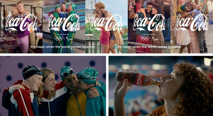 People sharing a hug and coca-cola at the Olympics.