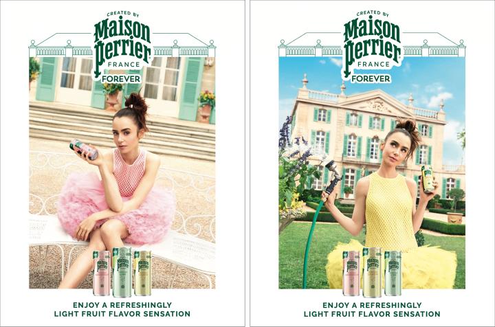 Maison Perrier — Perrier Two print ads for Maison Perrier, side by side. On the left, Lily collins in a seated pose, wearing a pink dress and skirt, holding a can of the beverage. with a green Maison Perrier logo at the top and the images of 3 cans at the bottom. The copy at the bottom says "Enjoy a refreshingly light fruit flavor sensation". On the right, the same ad, but with Lily wearing a yellow dress and holding a can in one hand and a garden hose in the other