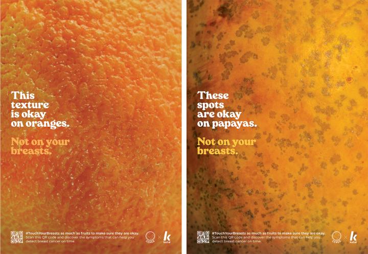 #TouchYourBreasts — Ketal Hipermercados Side by side visual ads. On left, close up of an orane with copy "This texture is okay on oranges. Not on your breasts." On right, close up of papaya with copy "These spots are okay on papayas. Not on your breasts"