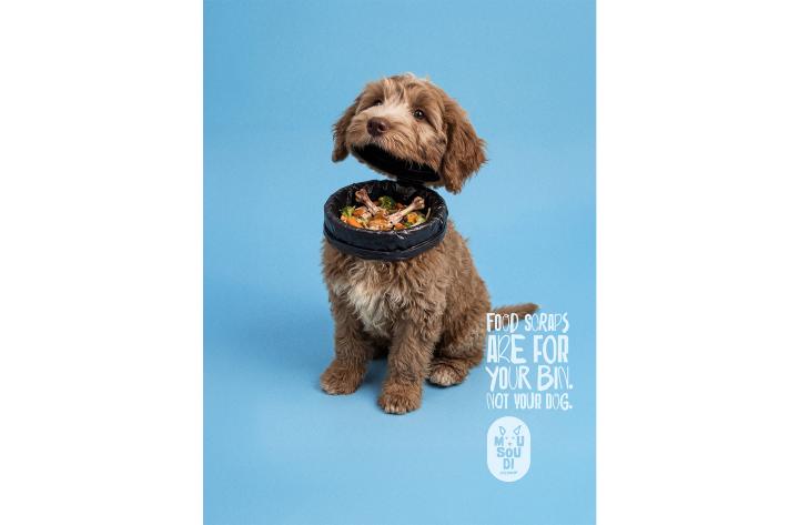 Surreal photo of a fluffy brown puppy whose neck opens up like a flip-top trash bin, revealing a lined garbage receptacle filled with food scraps including chicken bones, carrots, and broccoli against a solid blue background.