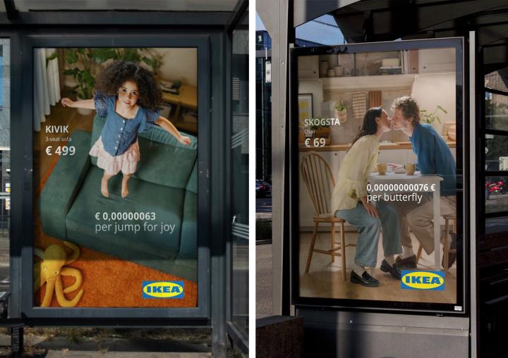 Two IKEA bus shelter advertisements side by side. The left poster advertises the KIVIK 3-seat sofa (€499), showing a young girl jumping in mid-air over a green sofa with text reading "€ 0,00000063 per jump for joy." The right poster advertises the SKOGSTA chair (€69), depicting a young couple leaning across a table to kiss, with text reading "0,0000000076 € per butterfly."