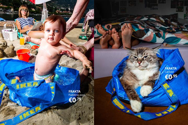 A two-panel campaign visual: the left image shows a smiling toddler playing inside a water-filled blue IKEA bag on a sunny beach ('FRAKTA Paddling pool €0,75'), and the right image features a fluffy cat curled up comfortably inside a FRAKTA bag at the foot of a bed ('FRAKTA Cat bed €0,95').