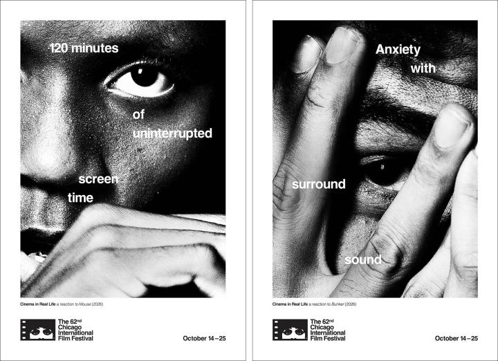 Two posters for the 62nd Chicago International Film Festival capturing visceral audience reactions: one biting nails labeled '120 minutes of uninterrupted screen time' (Mouse), and one peeking through anxious fingers labeled 'Anxiety with surround sound' (Bunker).