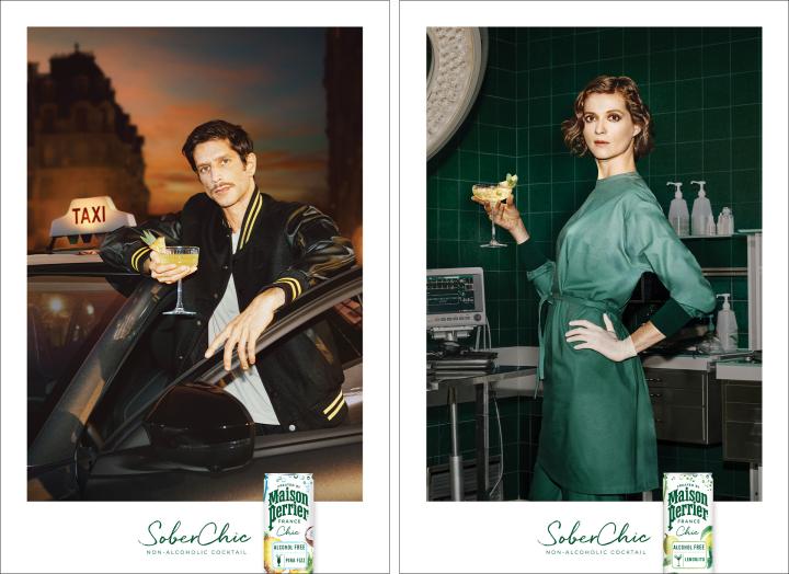Sober Chic — Maison Perrier Two ads side by side. On the left, a young man leaning outside a taxi holding a cocktail in a fancy glass. On the right a young woman in a green dress holds a cockatil in a fancy glass Both have the Masion Perrier logo in the bottom left..