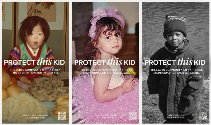 Three column image. Each one features an old photo of a young child. Each has white text overlaid on the image that says "Protect This Kid" and "The LGBTQ Community isn't a threat. Misinformation and hatred are"