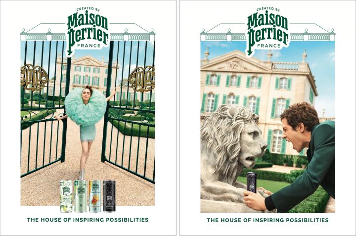 Maison Perrier — Perrier Two print ads for Maison Perrier, side by side. On the left, Lily collins stands in between the gates outside a large mansion, wearing a teal blue dress with a puffy skirt. There is a Maison Perrier logo at the top and at the bottom there are images of 4 different flavored cans of the beverage. Copy at the bottom reads: "The House of Inspiring Possibilities". On the right, an ad with the same general layout. In this one, a man is face to face with a Lion statue, screaming at it. He is holding a can.