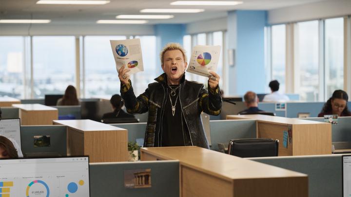 Billy Idol posing like a rock star in a standard corporate office