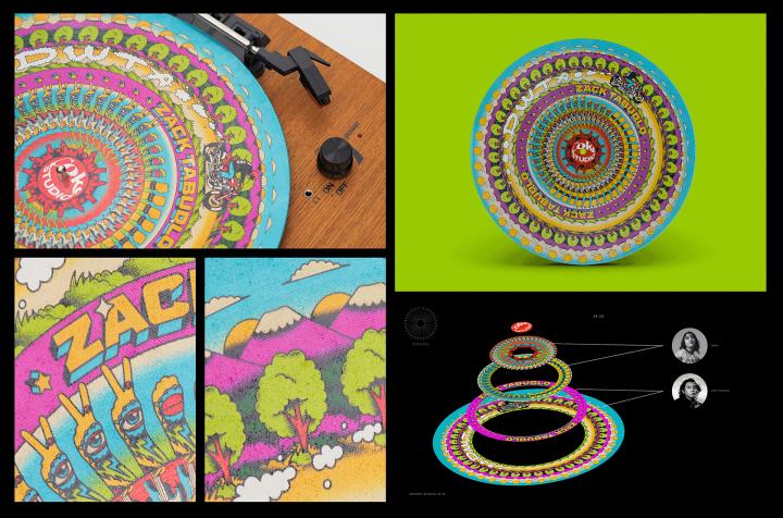 Collage of images showcasing Coke Studios Video Vinyl collection. they feature colorfol abstract patterns in a spiral style