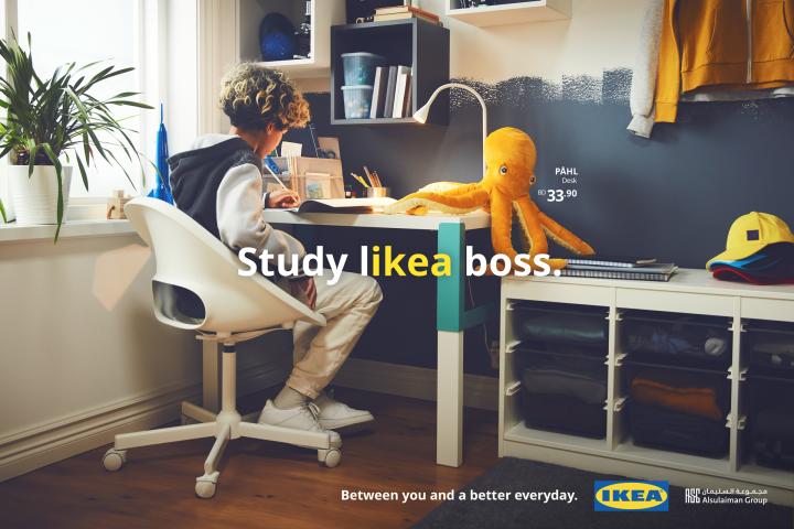 LIKEA — IKEA Woman working at a desk at home with text overlap "Study likea boss" with "likea" in yellow