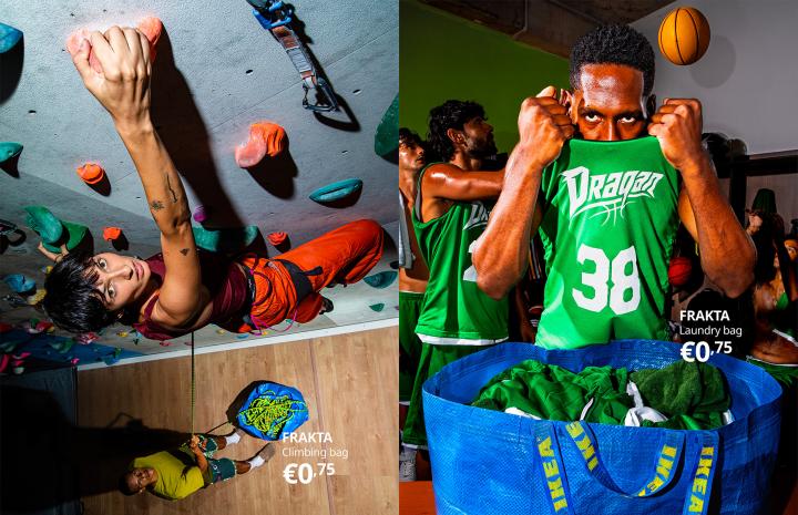 A two-panel campaign layout: the left panel captures an indoor rock climber reaching for a handhold above a blue IKEA bag holding climbing ropes ('FRAKTA Climbing bag €0,75'), while the right panel shows a basketball player pulling off his jersey beside a FRAKTA bag overflowing with athletic gear ('FRAKTA Laundry bag €0,75').