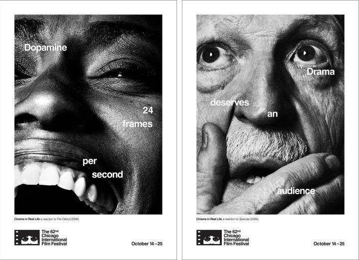 Side-by-side Chicago International Film Festival posters depicting intense movie reactions: an ecstatic laughing viewer with copy reading 'Dopamine 24 frames per second' (The Debut), and an older man gazing upwards in captivated awe reading 'Drama deserves an audience' (Species).