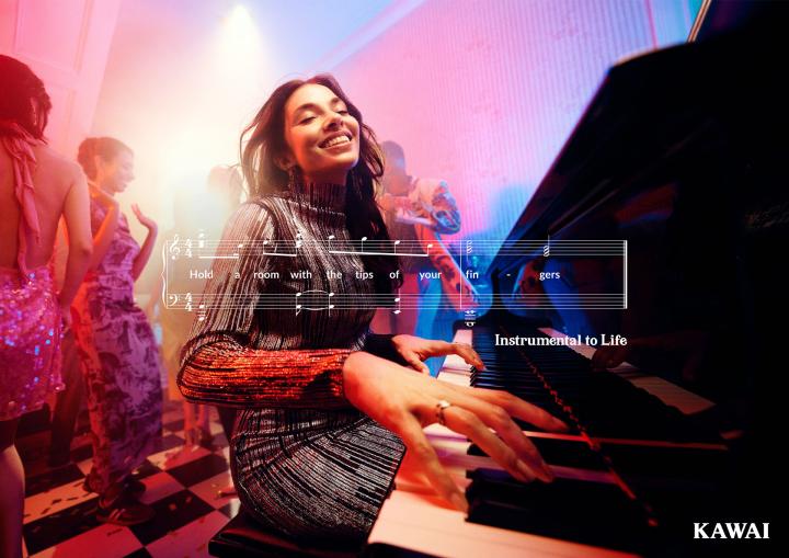 Instrumental to Life — Kawai Young woman playing piano. There is a white graphic of sheet music superimposed over the image