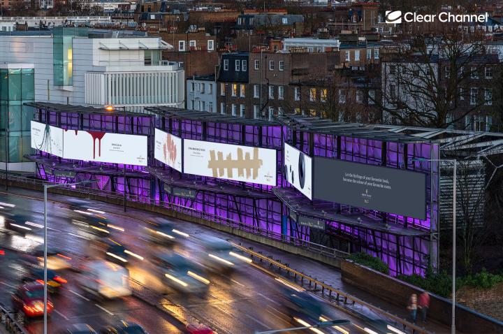 Image of Dulux Heritage Editions ads along a highway with cars passing by. Covers featuring Dulux paint for the novels Dracula, War of the Worlds, Mrs Dalloway and Frankenstein