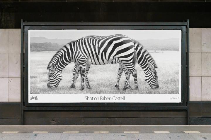Shot on Faber-Castell — Faber-Castell Pencil-drawn image of a zebra against a snowy backdrop. Underneath is copy that reads, "Shot on Faber-Castell".