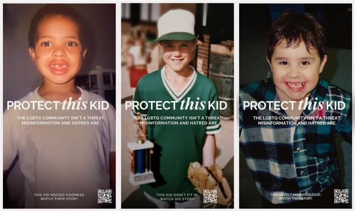 Three column image. Each one features an old photo of a young child. Each has white text overlaid on the image that says "Protect This Kid" and "The LGBTQ Community isn't a threat. Misinformation and hatred are"