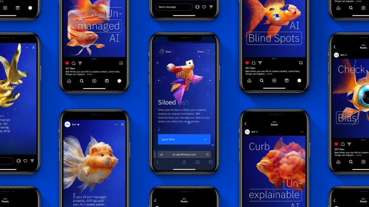 Fishy.AI — IBM x Adobe Series of mocked up smartphone screens against a blue background. The screens are displaying different AI generated images of messed up fish, with corresponding copy and labels. Some are mocked up Instagram posts and some are web pages. Among the labels/copy are "Unamnaged AI", "Siloed Fish", and "Curb Unexplainable AI"
