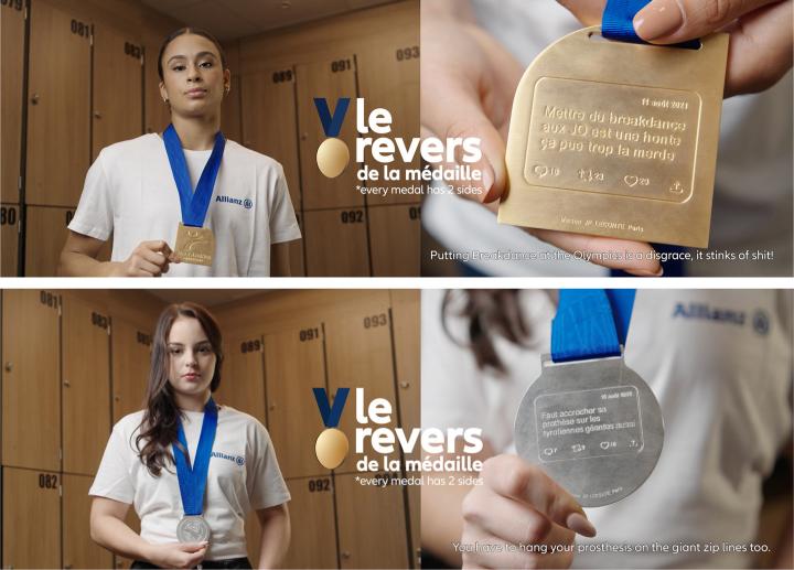 Every Medal Has Two Sides - Allianz image of a man and woman both in white shirts with blue ribbon medals around their neck. to the right of the man is a zoomed in look at the gold medal on his chest which is engraved with "Mettre du breakdance aux JO est une honte ça pue trop la merde" with social media engagement icons. Next to the woman is a zoomed in photo of the Silver medal around her neck which is engraved with "Faut accrocher sa prothèse sur les tyroliennes géantes auusi" with social media engagement icons