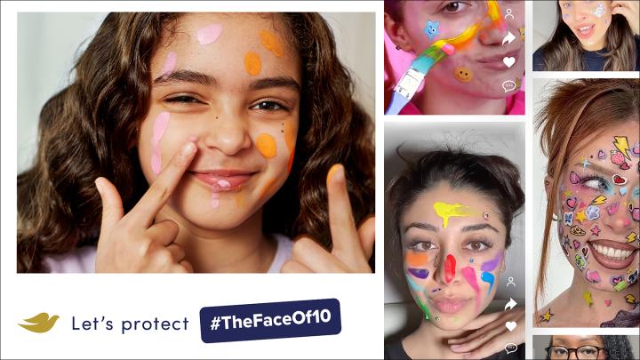 #TheFaceof10 — Dove Collage of young girls with various colorful facepaint designs and doodles. At the bottom left there is a Dove logo with the copy: Let's protect #TheFaceOf10"